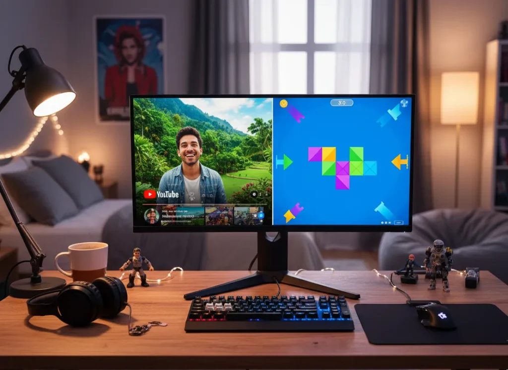 Monitor 4K acceso con metà schermo su YouTube e metà con un gioco
