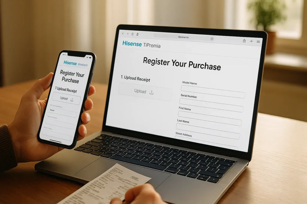 Cashback Hisense END OF THE YEAR: Risparmia Fino a 100€ e Ricevi Capsule Finish in Omaggio 2 Person holding smartphone registering purchase on Hisense cashback website tipremia