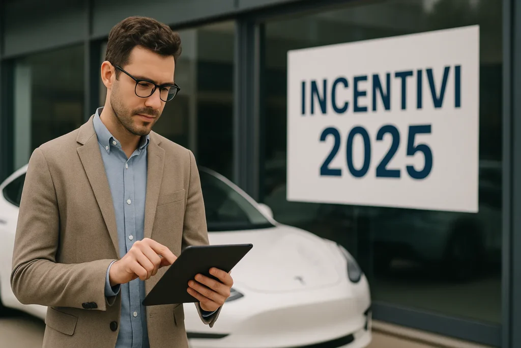 Bonus Veicoli Elettrici 2025: Incentivi fino a 11.000 Euro per Privati e Microimprese 2 Persona che consulta tablet davanti a concessionario auto elettriche