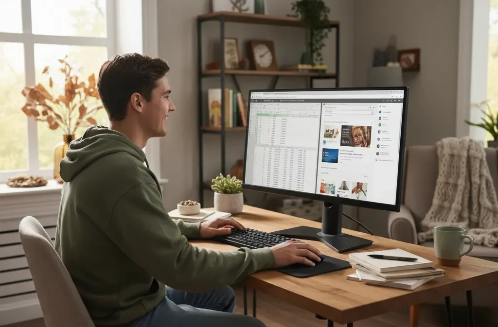 Persona giovane seduta alla scrivania, con monitor 4K economico