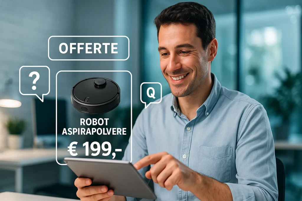 Persona sorridente che consulta tablet con offerte robot aspirapolvere