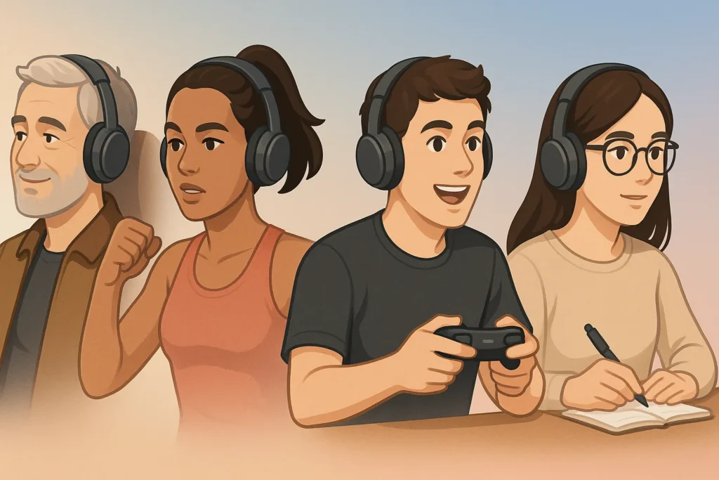 Migliori cuffie bluetooth economiche 2025: la guida per chi vuole spendere poco 20 Persone di varie età indossano cuffie bluetooth in situazioni diverse