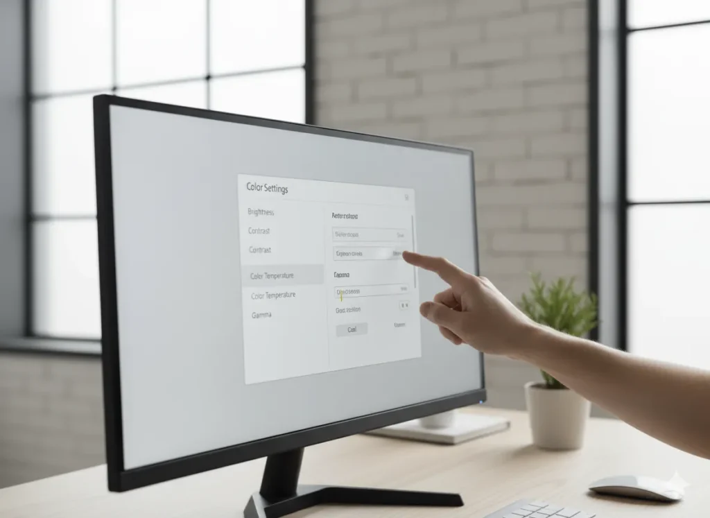 Primo piano su monitor 4K con menu OSD aperto