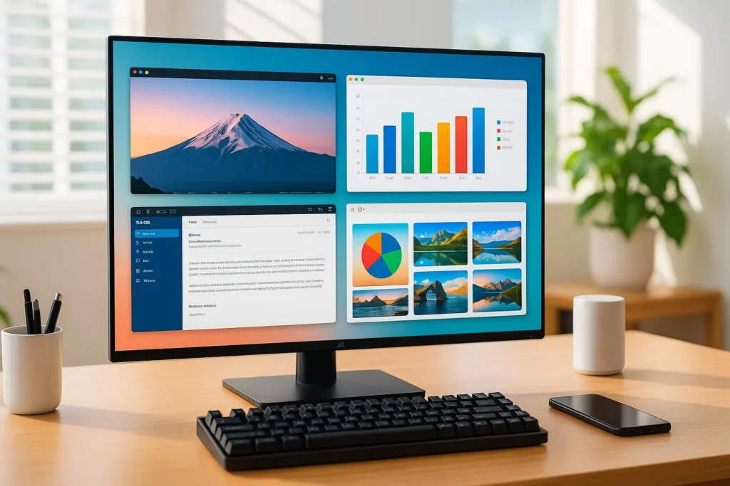 Esperienze con monitor 4K low cost per PC: Scrivania moderna con PC desktop acceso