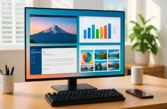 Scrivania moderna con PC desktop acceso