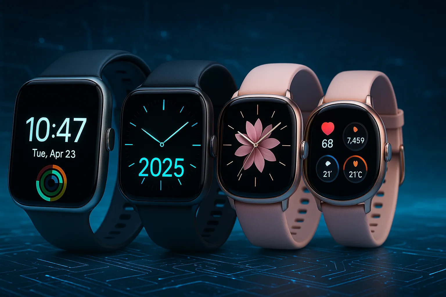 Smartwatch moderni del 2025 su sfondo tech digitale