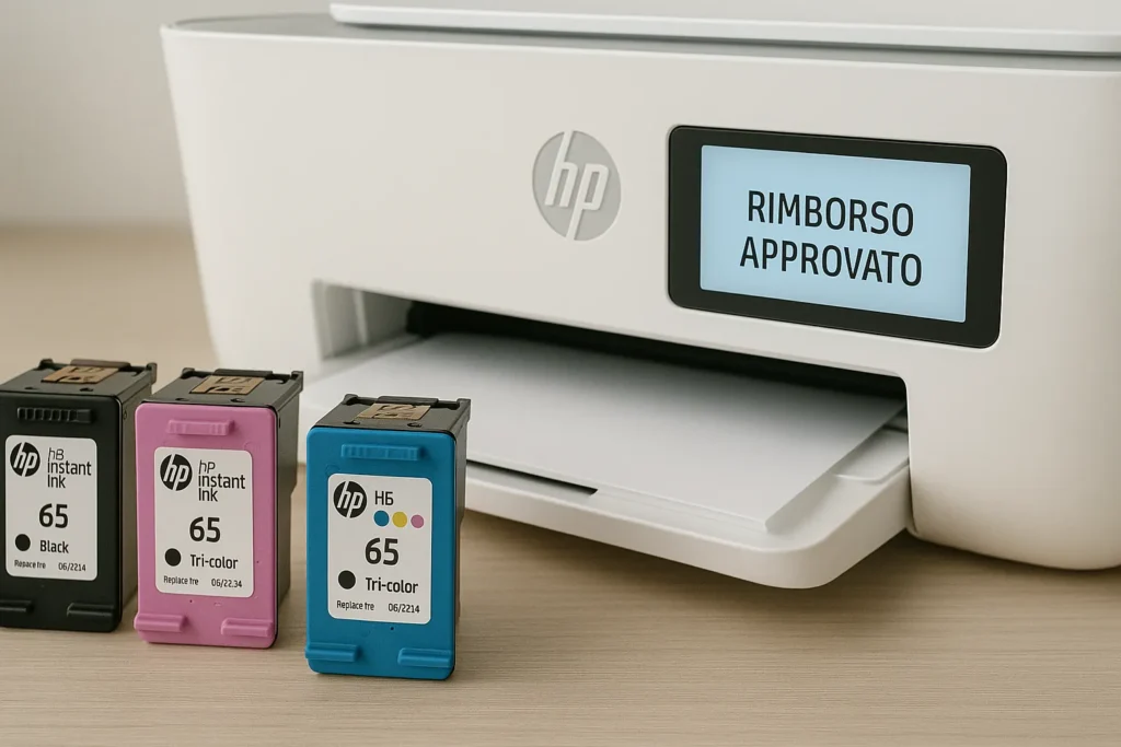 Cashback Stampante HP: Guida Completa per Risparmiare con le Offerte Autunno 2025 4 Vista ravvicinata di cartucce HP Instant Ink colorate accanto a una stampante HP