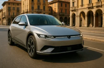 Bonus Veicoli Elettrici 2025: Immagine di Auto elettrica moderna su strada urbana,