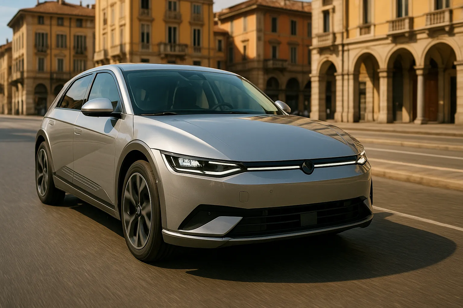 Bonus Veicoli Elettrici 2025: Immagine di Auto elettrica moderna su strada urbana,