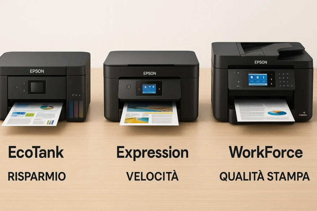 Confronto visivo tra modelli Epson EcoTank, Expression e WorkForce