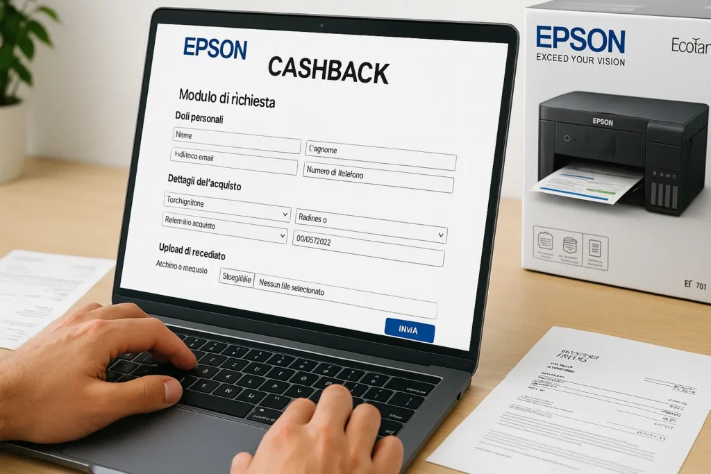 Mani che compilano modulo cashback Epson online su laptop