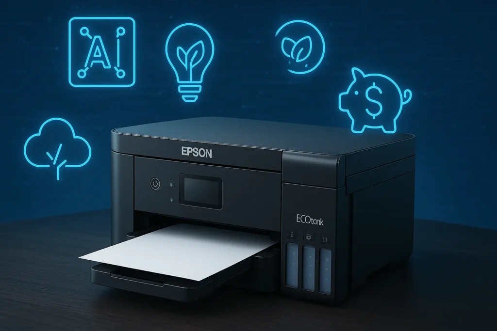 Stampante Epson EcoTank con icone digitali che rappresentano AI