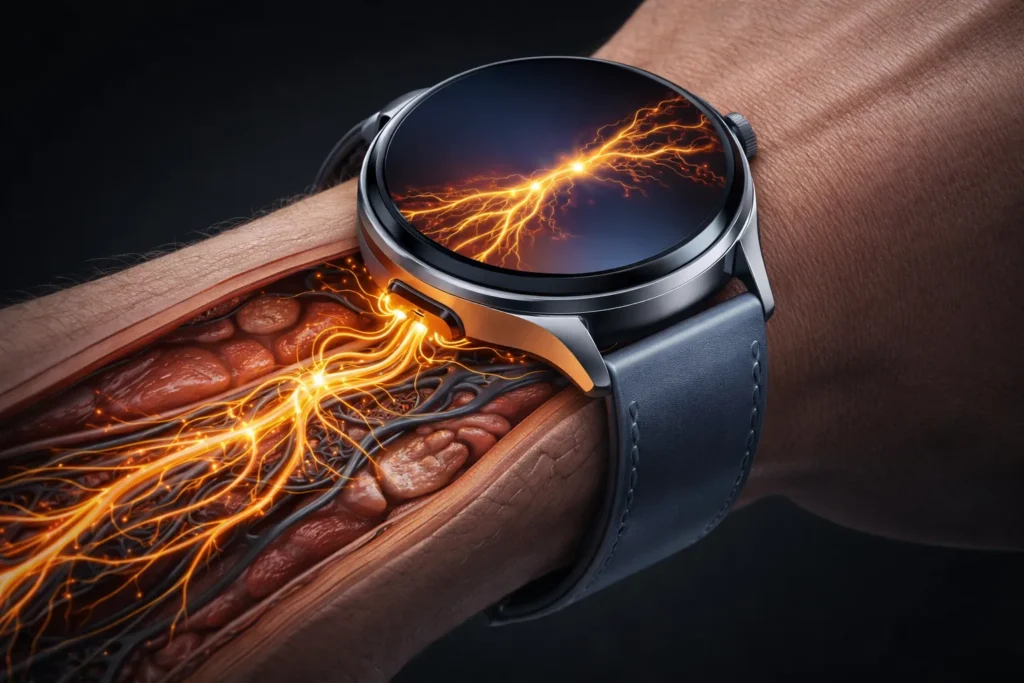 Xiaomi Watch 5: Il "Dispositivo Medico" che Legge i Muscoli (Analisi Scheda Tecnica e Prezzi) 2 Funzionamento sensore EMG Xiaomi Watch 5 su polso