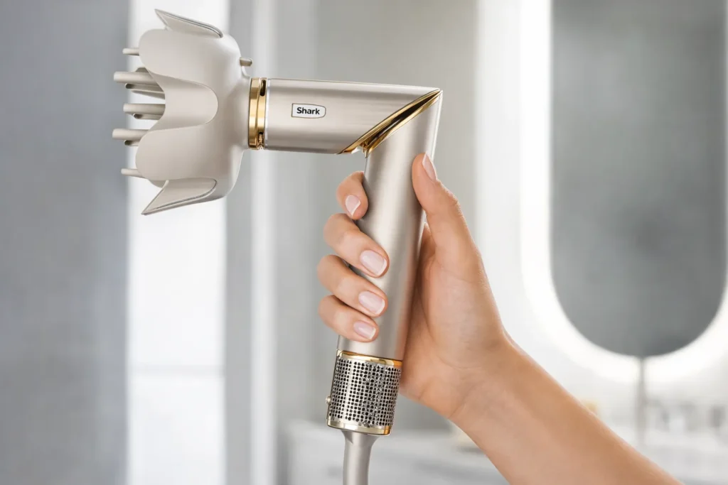 Alternative Dyson Airwrap Economiche che Non Rovinano i Capelli (Test 2026 e Verità) 2 Shark FlexStyle piegato a 90 gradi funzione phon ergonomica