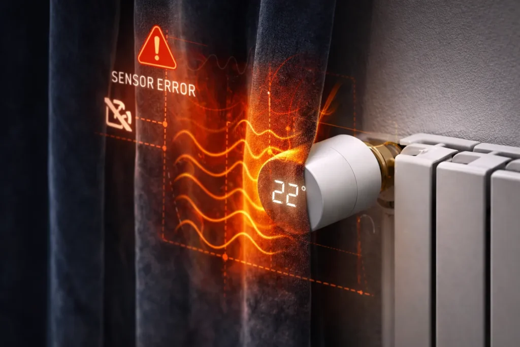 Termovalvole Intelligenti e Ottimizzazione Consumo Inverno: La Verità su Risparmio e Setup (Test 2026) 2 Errore rilevamento temperatura termovalvole smart causa tende coprenti