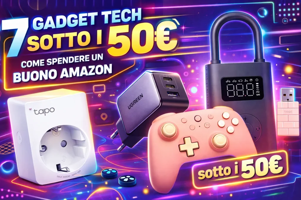 Migliori accessori tech sotto 50 euro per spendere il buono Amazon disposti su una scrivania professionale.