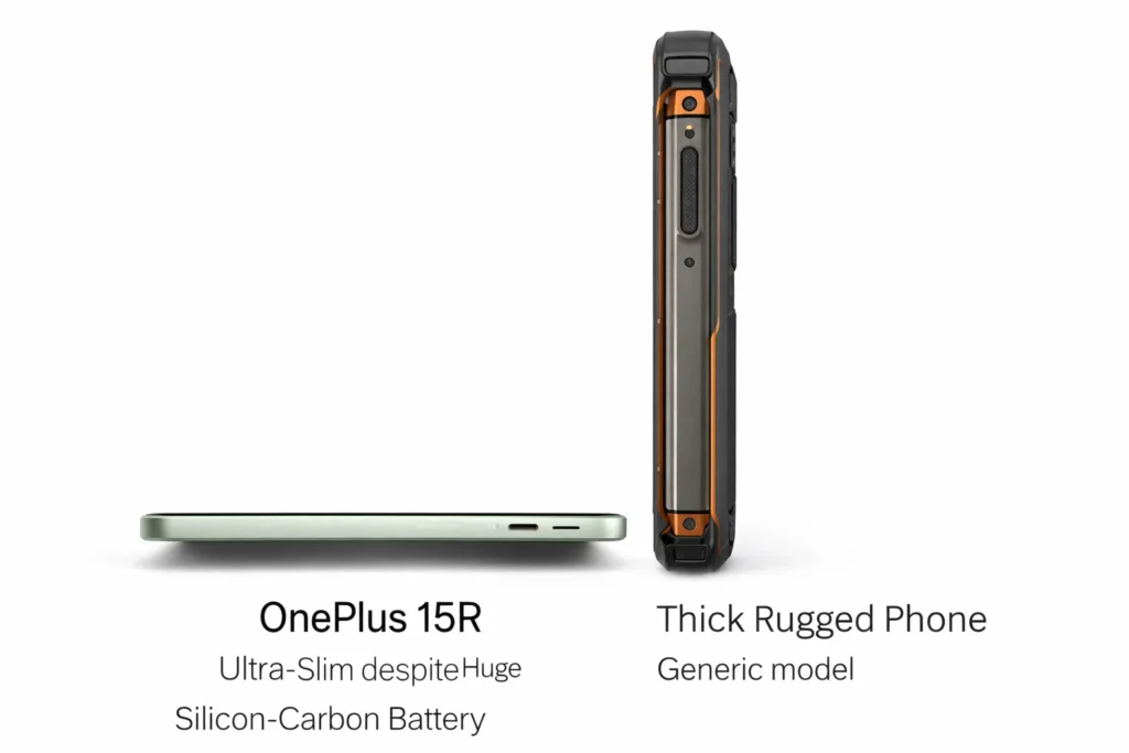 OnePlus 15R: Scheda Tecnica e Verità sulla Batteria (7400mAh Reali?) 2 OnePlus 15R messo di profilo accanto a un rugged phone 11zon