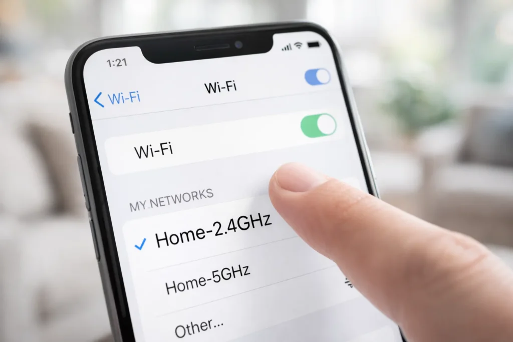 Selezione rete Wi-Fi 2.4GHz su smartphone per configurazione Matter