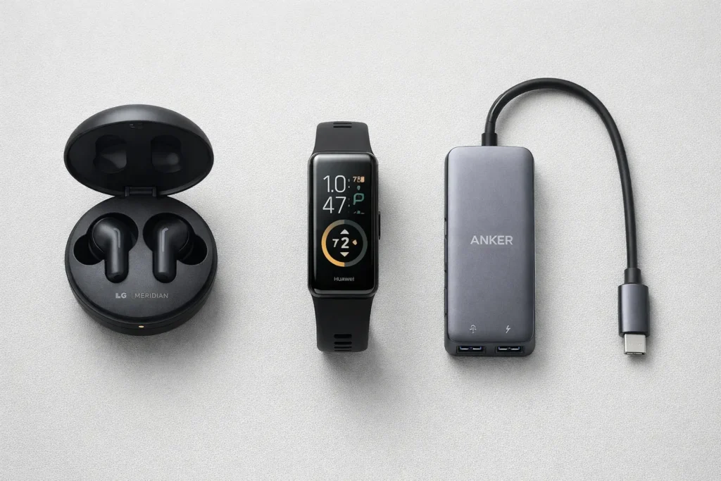 Accessori tech economici sotto i 100 euro: cuffie LG, Huawei Band 10 e Hub Anker