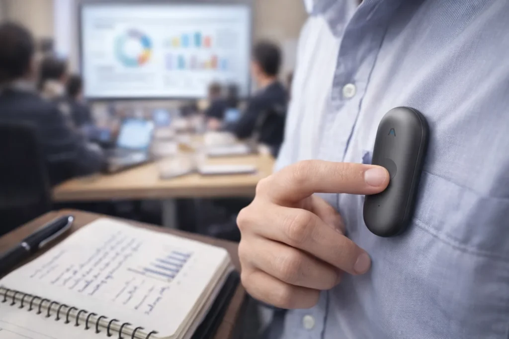 Plaud NotePin: La svolta del Tasto Fisico e l'integrazione Desktop per le riunioni 4 Attivazione discreta della registrazione vocale durante una riunione aziendale.