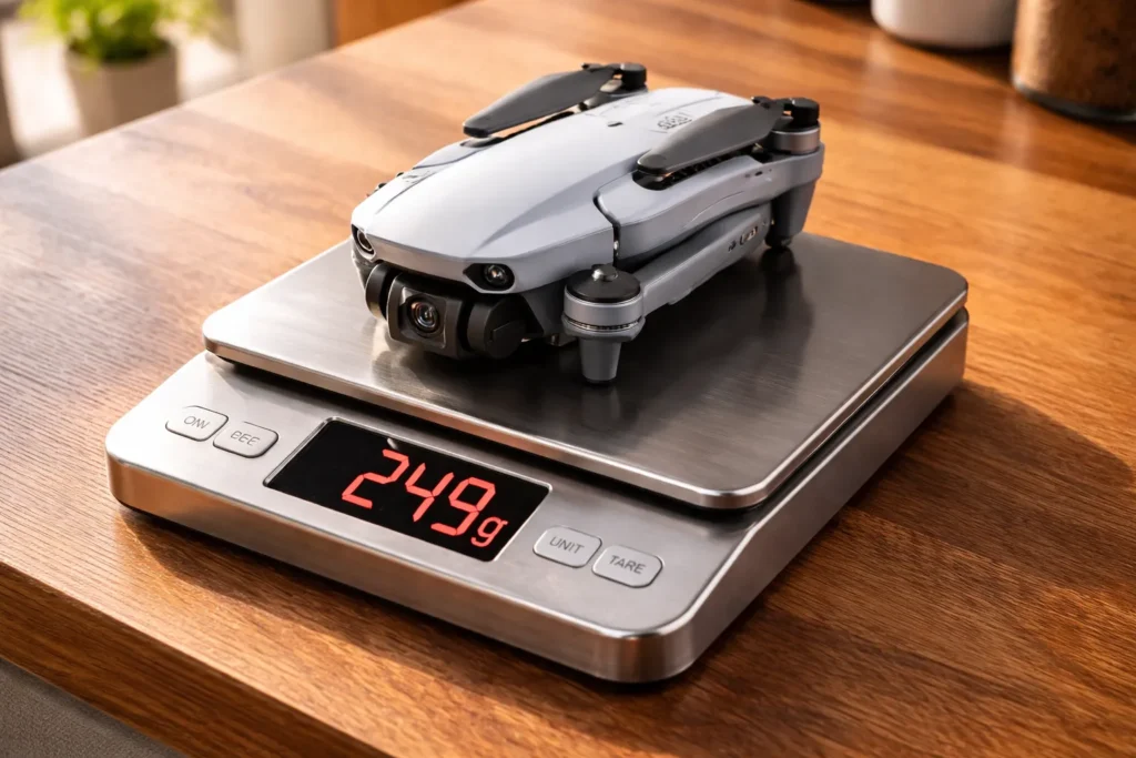 Bilancia digitale mostra peso drone sotto 250 grammi per normativa EASA