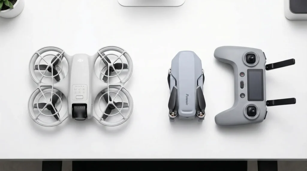 Confronto dimensioni DJI Neo vs Potensic Atom e radiocomando.