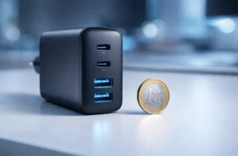 Confronto dimensioni caricatore GaN compatto vs moneta da 1 euro.