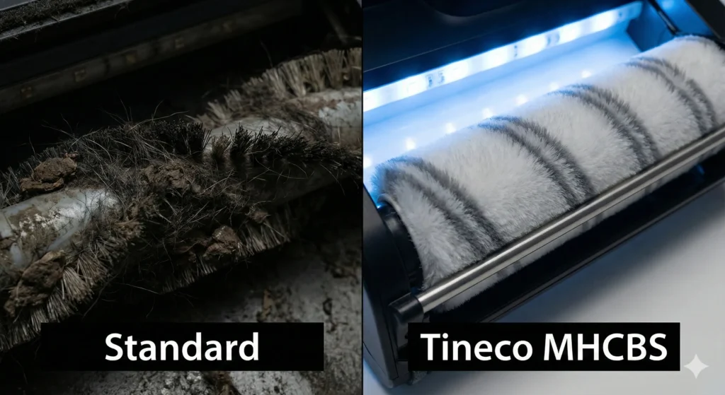 Confronto spazzola lavapavimenti: rullo pieno di peli vs spazzola Tineco pulita con tecnologia ZeroTangle.