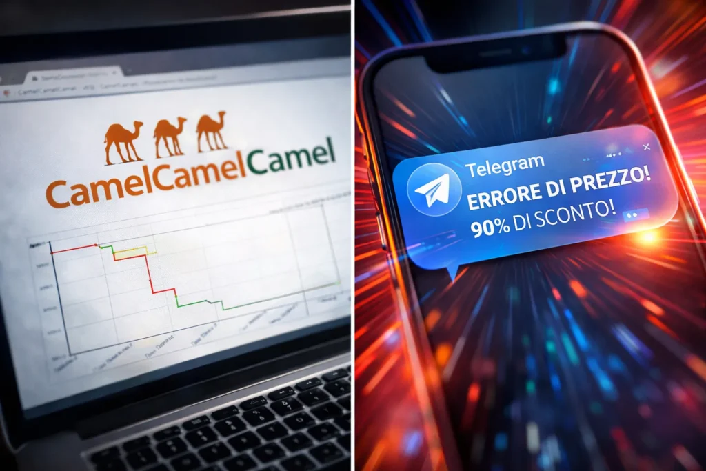 Confronto tra il tracciamento prezzi su PC con CamelCamelCamel e le notifiche istantanee di offerte su Telegram.