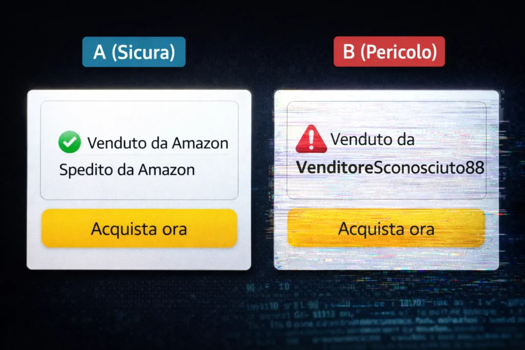 Confronto tra la Buy Box sicura di Amazon e una Buy Box rischiosa di un venditore terzo marketplace.