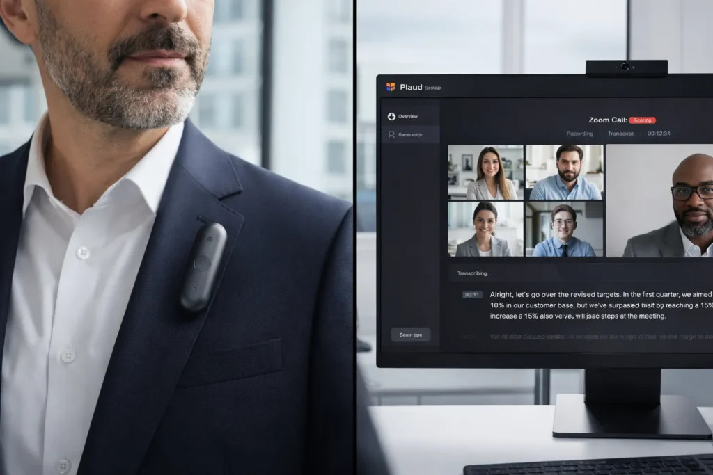 Plaud NotePin: La svolta del Tasto Fisico e l'integrazione Desktop per le riunioni 2 Confronto tra uso indossabile di Plaud NotePin e app Plaud Desktop per riunioni online