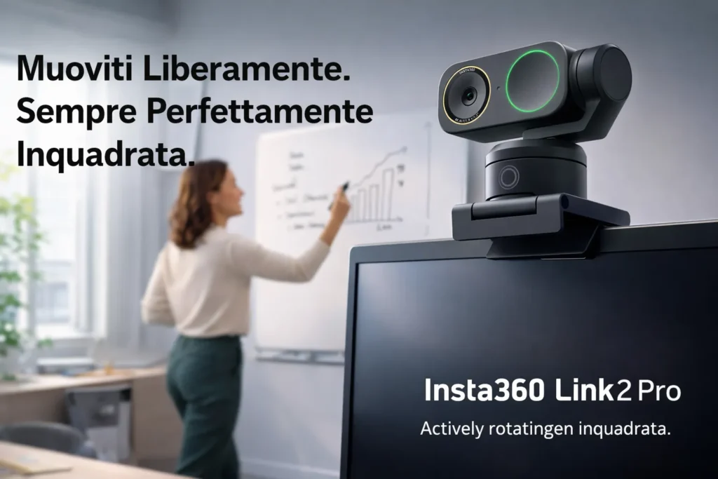 Creator si muove liberamente nello studio seguito automaticamente dal gimbal a 2 assi della webcam Insta360 Link 2 Pro.
