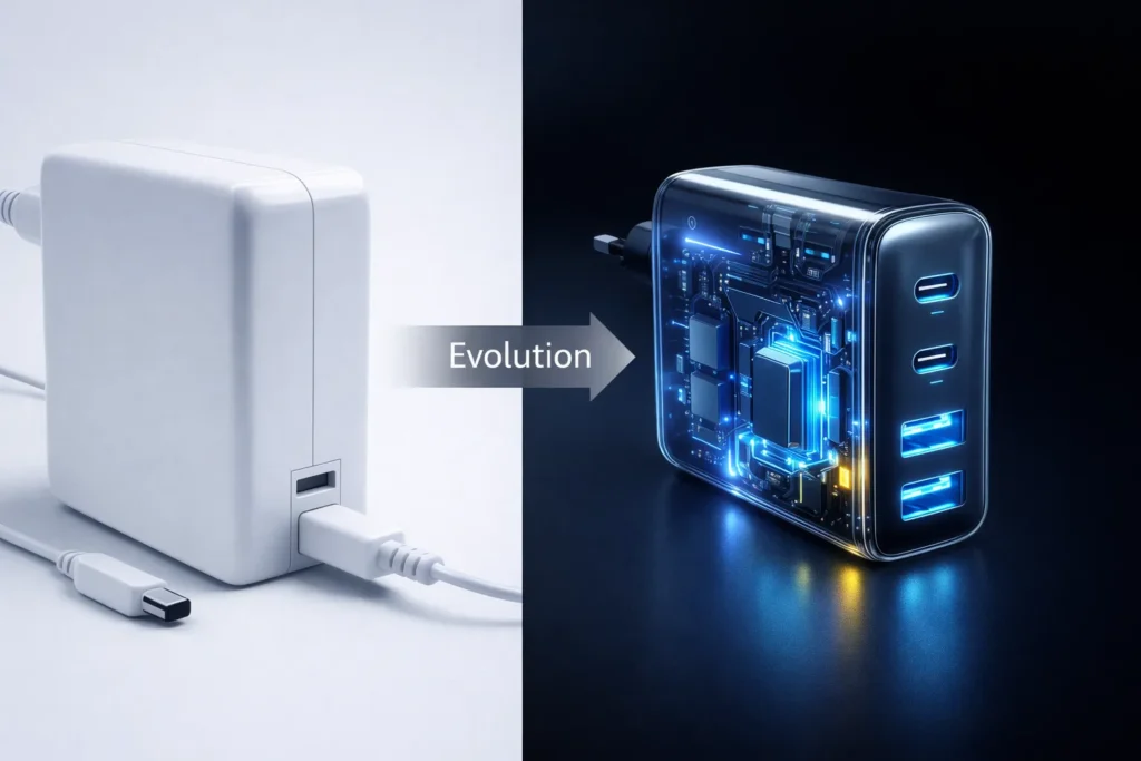 Differenza grandezza caricatore vecchio silicio vs nuovo GaN.