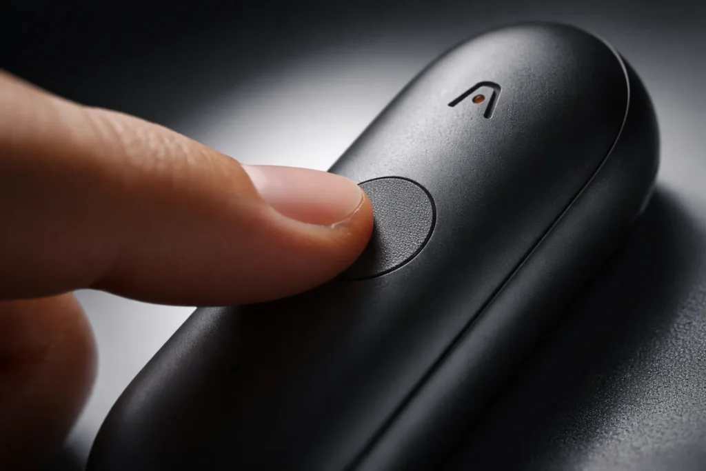 Plaud NotePin: La svolta del Tasto Fisico e l'integrazione Desktop per le riunioni 1 Dito che preme il tasto fisico di registrazione su Plaud NotePin S.