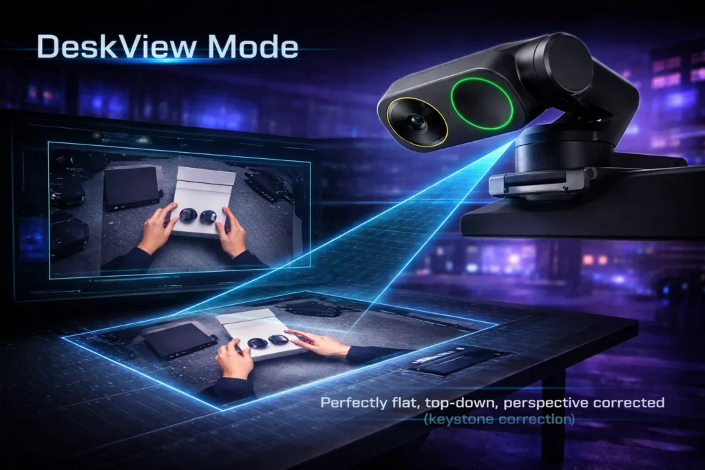 Grafica che mostra la modalità DeskView della Insta360 Link 2 Pro con correzione trapezoidale per inquadrare documenti sulla scrivania dall'alto.