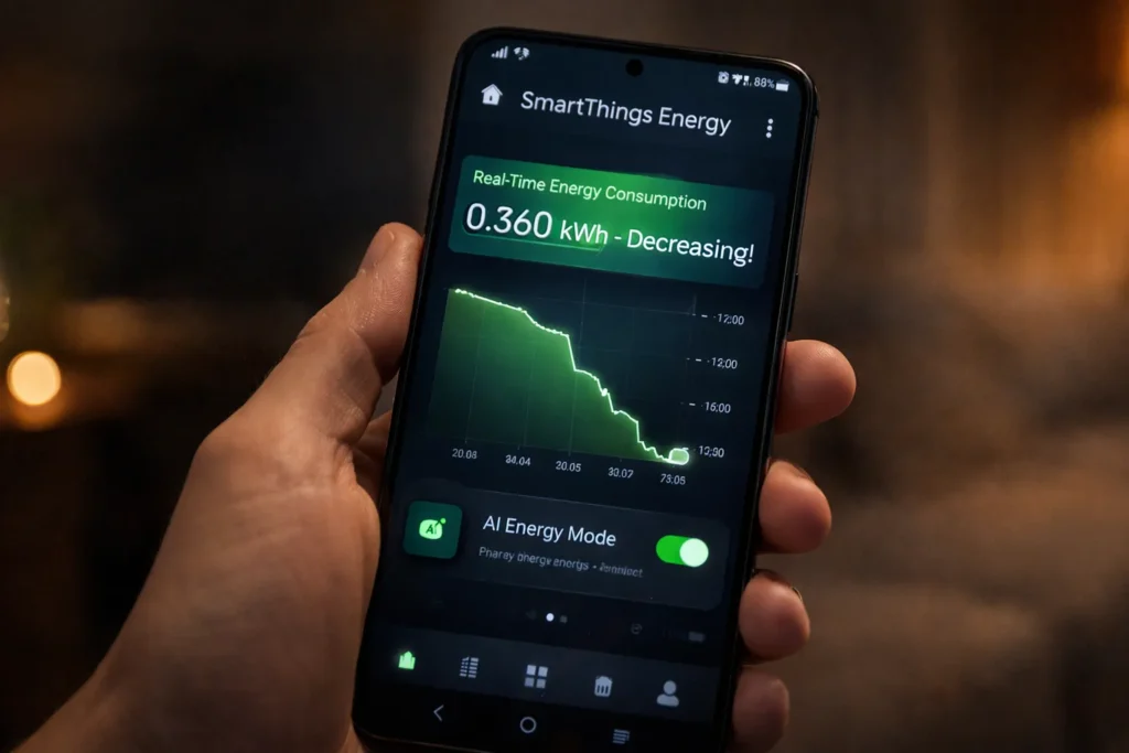 Grafico risparmio energetico su app SmartThings Energy con AI Energy Mode attiva.