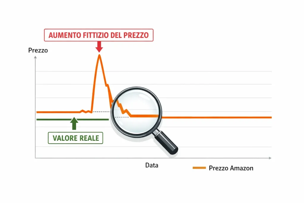 Grafico storico prezzi Amazon Keepa che mostra un aumento artificiale del prezzo prima dello sconto.