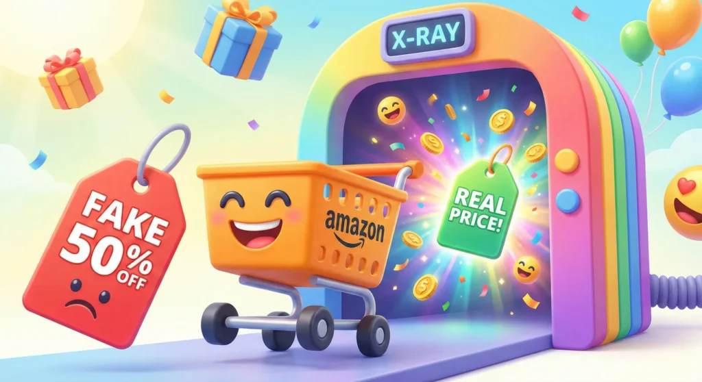 Illustrazione 3D di un carrello Amazon sotto scanner a raggi X che rivela il prezzo reale dietro un finto sconto.