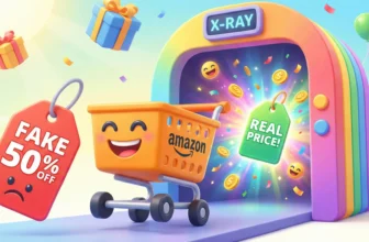 Illustrazione 3D di un carrello Amazon sotto scanner a raggi X che rivela il prezzo reale dietro un finto sconto.