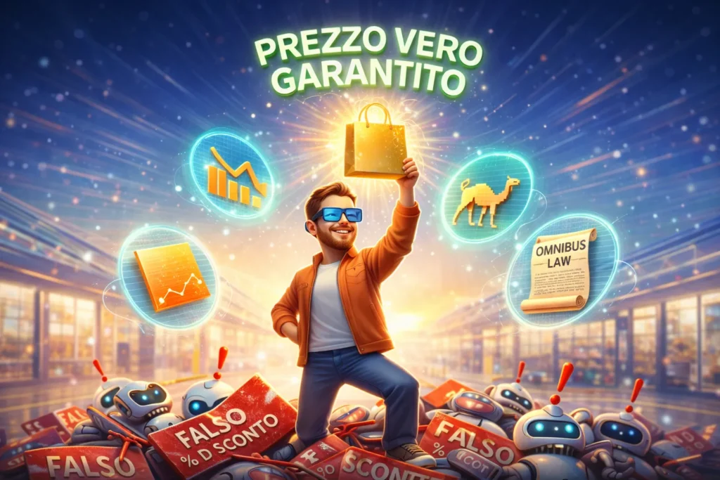 Illustrazione 3D trionfante di un consumatore intelligente che, armato degli strumenti digitali come Keepa, CamelCamelCamel e la legge Omnibus (rappresentati come scudi olografici), ha sconfitto i finti sconti e mostra orgoglioso il suo acquisto al "Prezzo Vero".