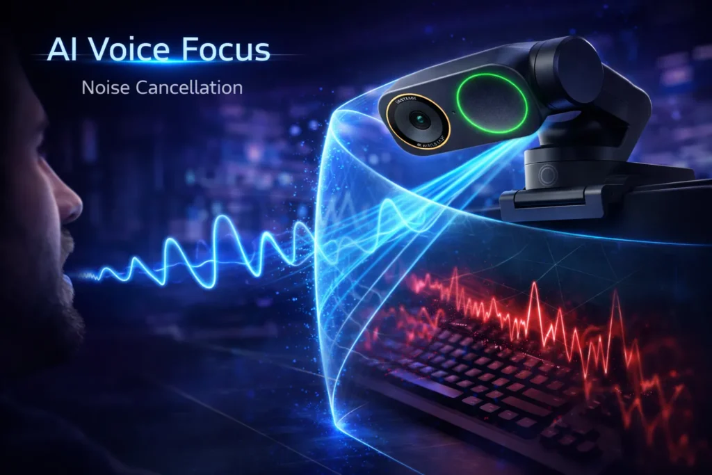 Illustrazione della tecnologia di cancellazione rumore AI della Insta360 Link 2 Pro che isola la voce e blocca i rumori di fondo.