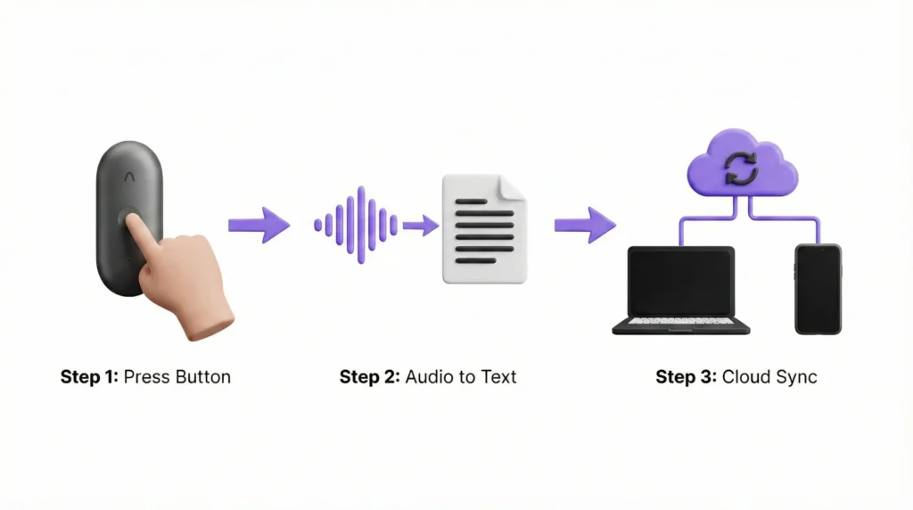 Plaud NotePin: La svolta del Tasto Fisico e l'integrazione Desktop per le riunioni 3 Infografica flusso di lavoro Plaud dal click del tasto alla trascrizione cloud