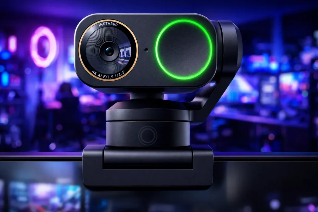 Primo piano della webcam Insta360 Link 2 Pro montata su monitor PC con anello LED verde acceso e sfondo ufficio sfocato.