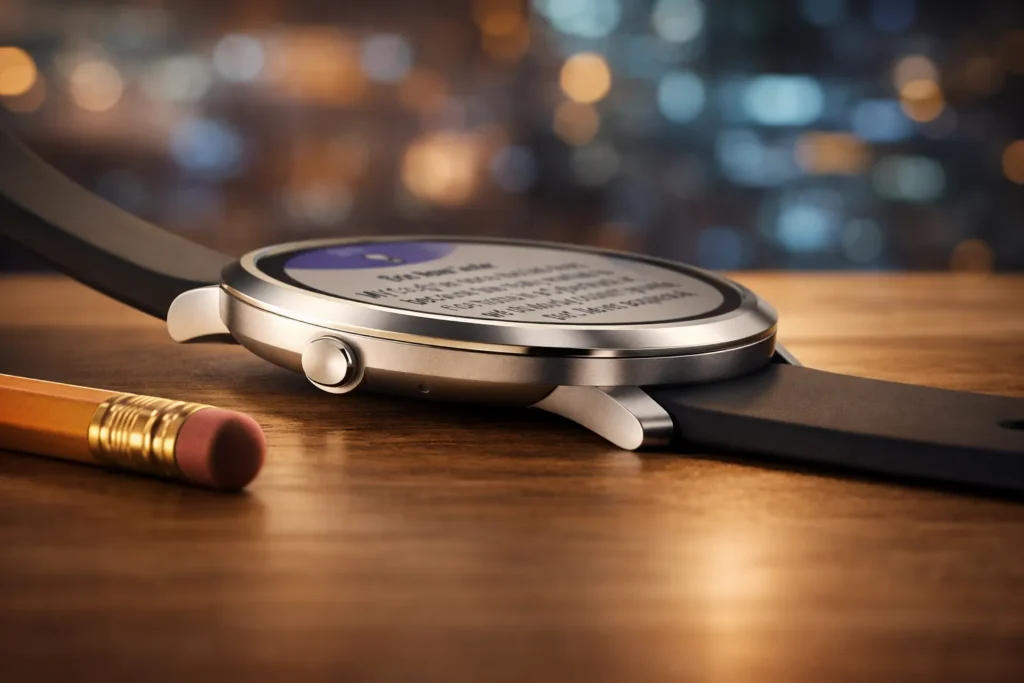 Pebble Round 2: Il ritorno dello smartwatch e-paper sottilissimo (che dura 2 settimane) 1 Profilo laterale del Pebble Round 2 che mostra lo spessore estremamente ridotto di 8.1mm.