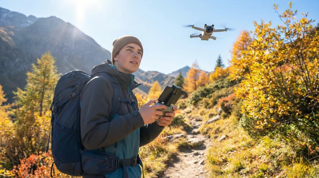 Ragazzo pilota drone in montagna per vlog di viaggio senza patentino