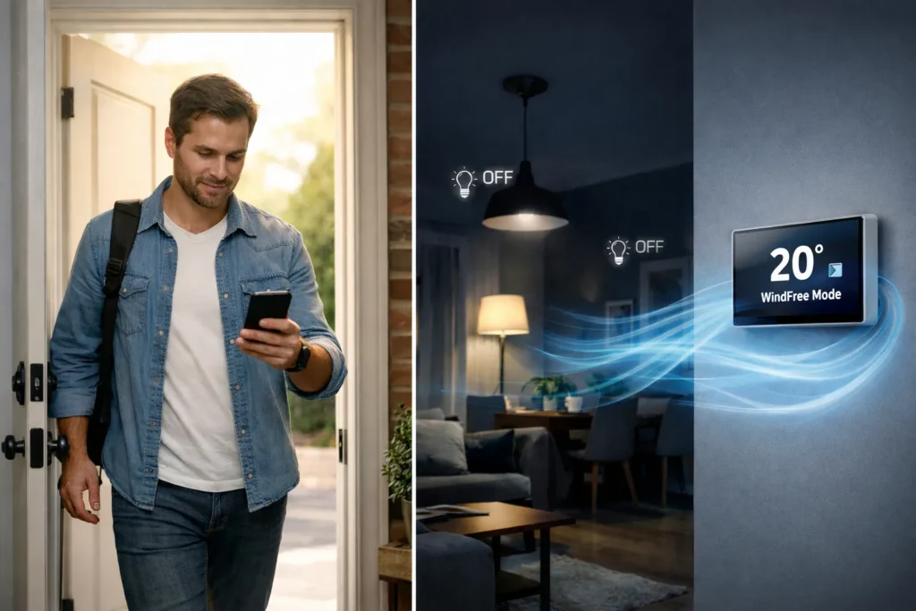 Routine SmartThings che spegne luci e clima quando si esce di casa.