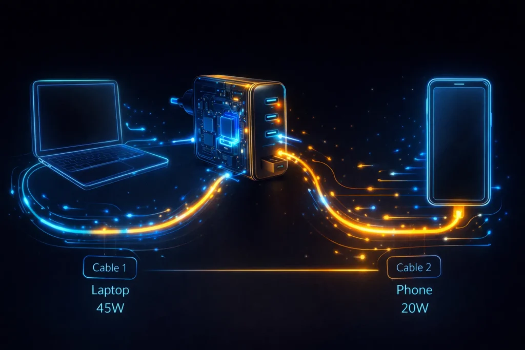 Schema distribuzione potenza caricatore doppia porta USB-C