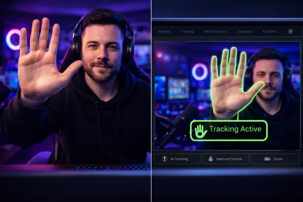 Streamer usa il controllo gestuale con mano aperta per attivare il tracciamento AI della Insta360 Link 2 Pro durante una live.