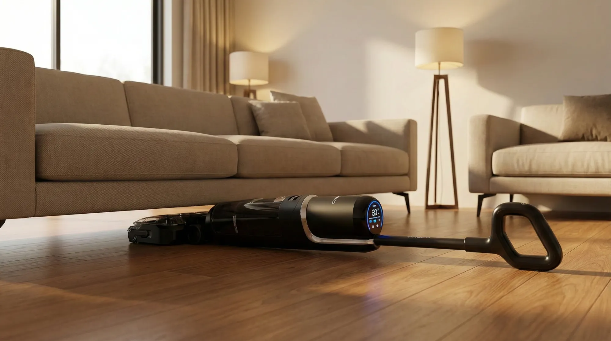 Migliore Tineco: Tineco Floor One Stretch appiattita a 180 gradi che pulisce sotto un divano basso