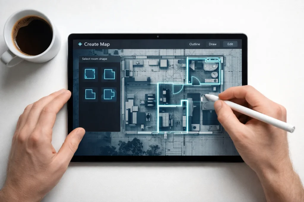 Utente che disegna la planimetria della casa su tablet per creare la Map View SmartThings.